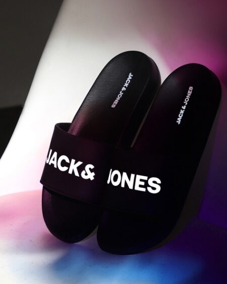 Jack & Jones Men's Brand Print Open Toe Slides - Black