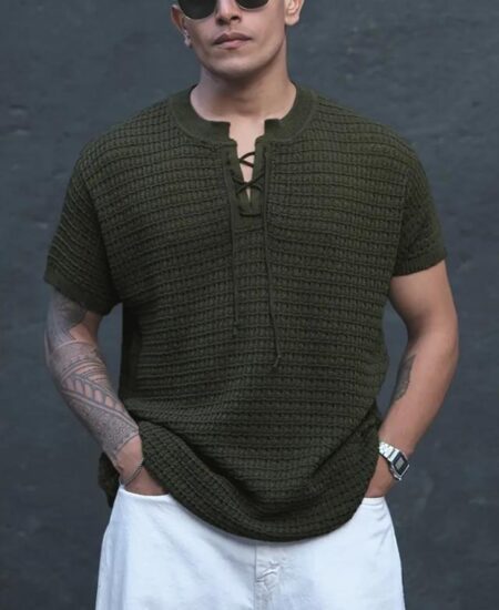 Olive Green Structured Knitted Half Sleeves T-Shirt