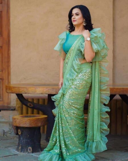 Party Wear Green Sequence Work Ruffle Saree