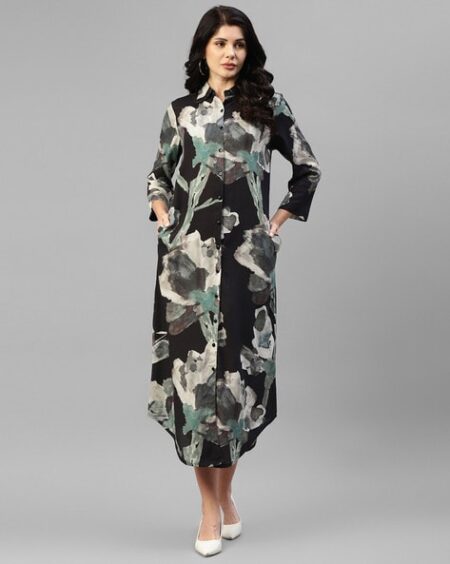 Women Printed Shirt Dress with Spread Collar