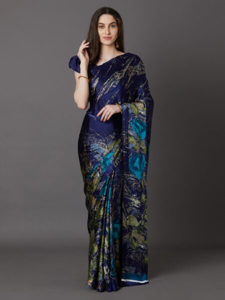 Blue & Green Poly Crepe Printed Saree